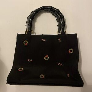 Super Cute 90s Tiannl Vintage Christmas Candy Cane Embroidered Black Mini Purse